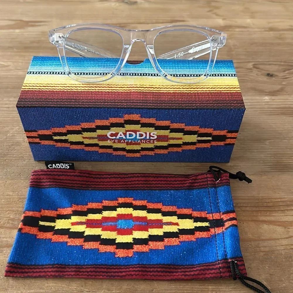 CADDIS Reading Glasses NEW in box + Bag Color - Vodka/Clear lense strength  1.50